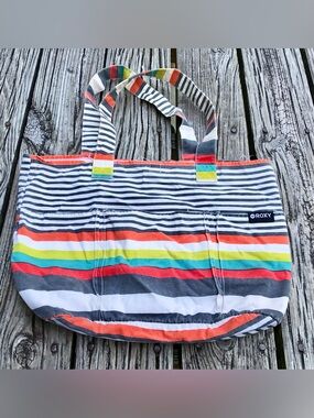ROXY Colorful Stripe Cotton Purse Handbag Beach Bag Lots Of Pockets Bag